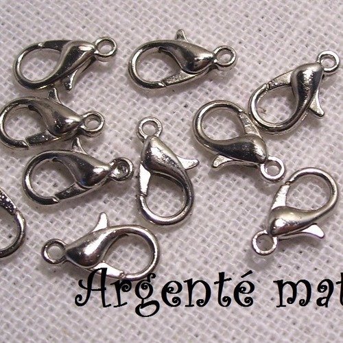 X 50 pcs - fermoirs mousquetons homard ** 12 x 6 mm / argenté mat ** fermoir attache bijoux - sans plomb, sans nickel