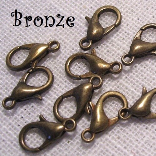 X 10 pcs - fermoirs mousquetons homard ** 12 x 6 mm / bronze ** fermoir attache bijoux - sans plomb, sans nickel
