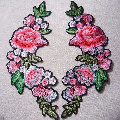 Écusson patch - bouquet de fleurs roses symétrique ** 11 x 27 cm ** applique à repasser - c5386 / c5387