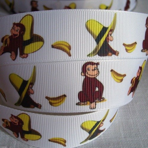 Ruban gros grain imprimé ** 25 mm ** singe chapeau banane fond blanc - vendu par 50 cm