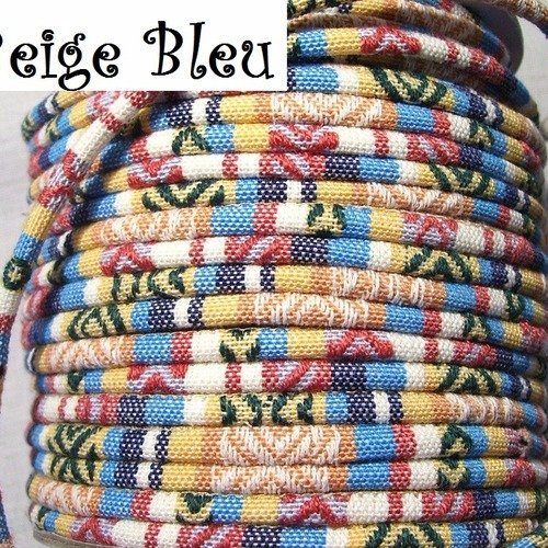 Cordon rond spaghetti coton motifs incas ethnique liberty / beige bleu ** 4 mm ** couture bijou tresse cheveux - vendu par 50 cm