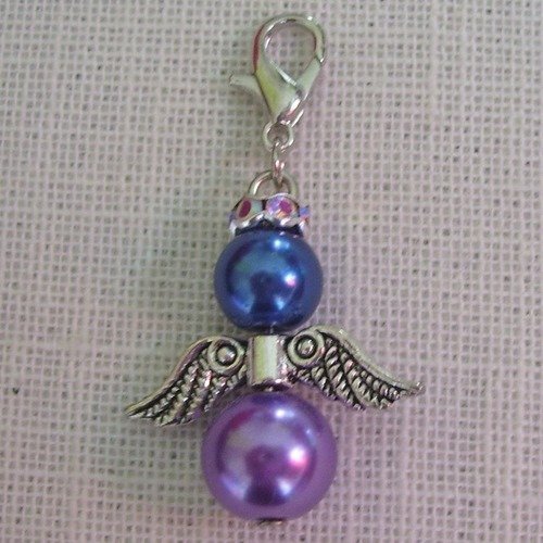 Breloque charm pendentif - ange noël perle strass / bleu mauve ** 23 x 40 mm ** mousqueton argenté - 102