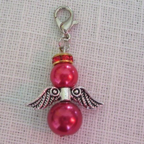 Breloque charm pendentif - ange noël perle strass / rouge ** 23 x 40 mm ** mousqueton argenté - 102