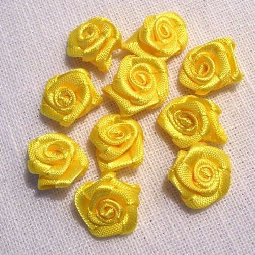 Lot de 10 fleurs roses en ruban satin / jaune soleil ** 15 mm ** f08