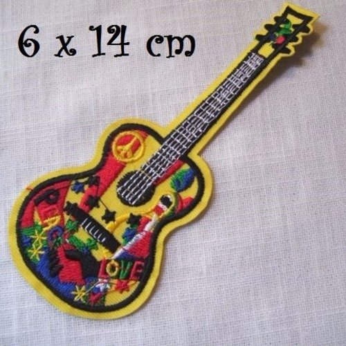 Patch écusson thermocollant - guitare musique peace love jaune ** 6 x 14 cm ** applique à repasser