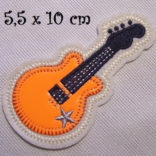 Patch écusson thermocollant - guitare orange musique ** 5,5 x 10 cm ** applique à repasser