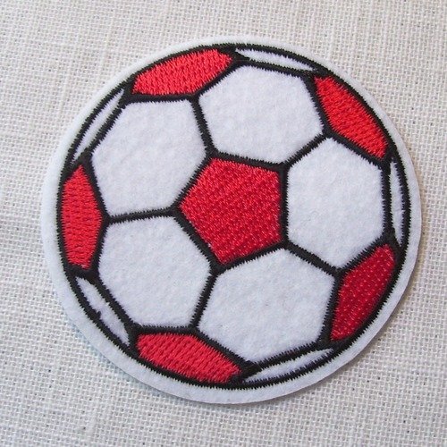 Applique patch écusson thermocollant - grand ballon football rouge blanc ** diamètre 6,5 cm ** applique à repasser