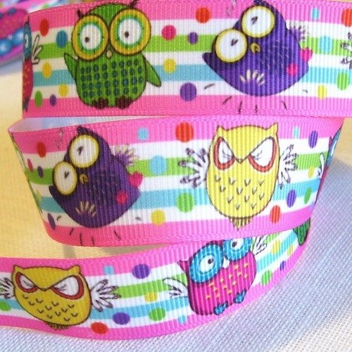 Ruban gros grain ** 22 mm ** oiseaux chouette hibou humoristique rayure - grosgrain imprimé - vendu par 50 cm