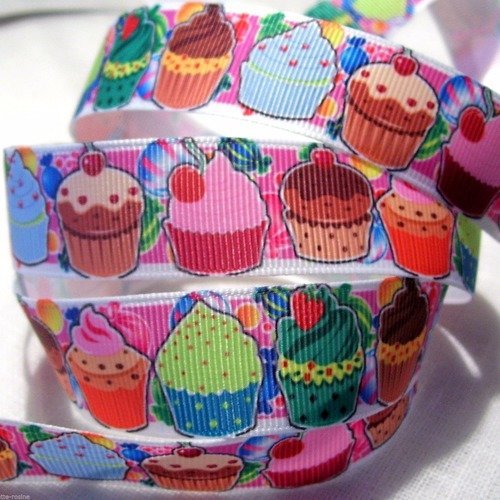 Ruban gros grain ** 22 mm ** cuisine gâteau muffin cerise fruit bonbon - grosgrain imprimé - vendu par 50 cm