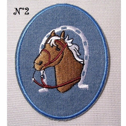 Applique patch écusson thermocollant - n°2 ** 7 x 9 cm ** ovale cheval pur sang bleu jean - applique à repasser