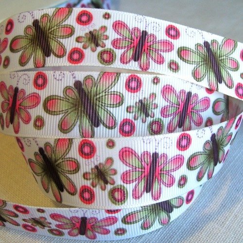 Ruban gros grain imprimé ** 22 mm ** papillons nature - vendu par 50 cm