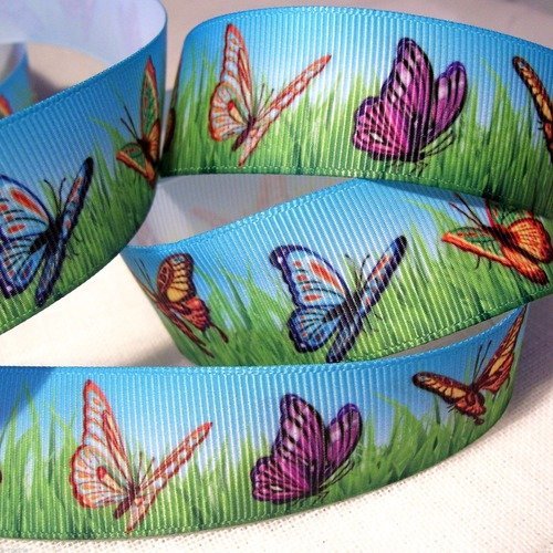 Ruban gros grain imprimé ** 25 mm ** papillons multicolores nature campagne - vendu par 50 cm
