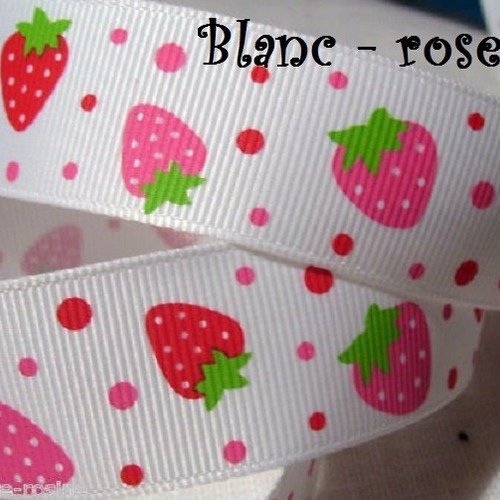 Ruban gros grain ** 25 mm / blanc - rose ** fraises fruits - grosgrain imprimé - vendu par 50 cm
