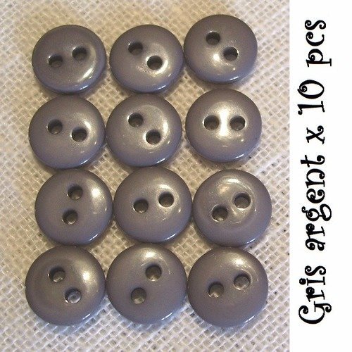 Lot de 10 petits boutons / gris argent ** 9 mm ** bouton rond en résine - layette couture poupée bébé scrapbooking - br9mm