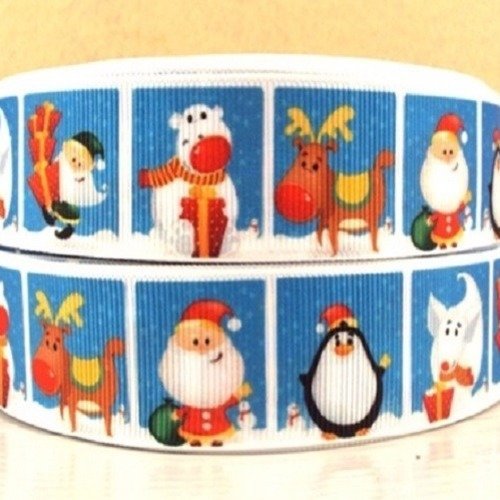 Ruban gros grain imprimé ** 25 mm ** carré motifs de noël pingouin renne cadeaux - vendu par 50 cm