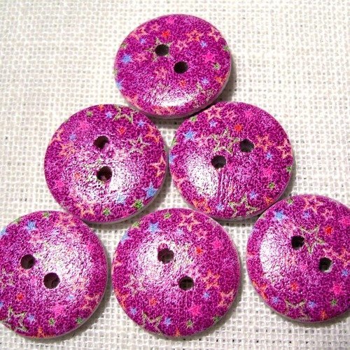 Réf 18/112 ** 18 mm **  bouton rond bois vernis décoré étoile rose mauve - couture tricot