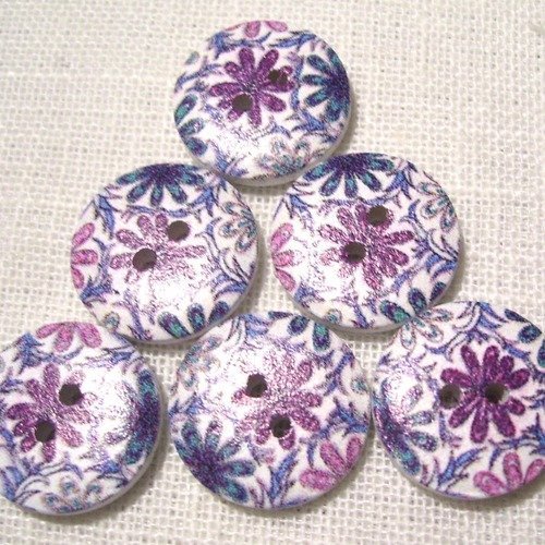Réf 18/110 ** 18 mm **  bouton rond bois vernis décoré - fleurs ton bleu violet - couture tricot