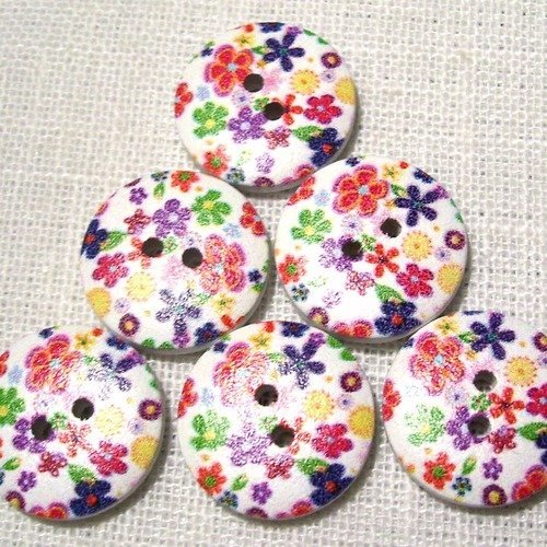 Réf 18/108 ** 18 mm **  bouton rond bois vernis décoré - petites fleurs multicolores - couture tricot