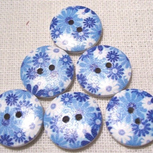 Réf 18/104 ** 18 mm **  bouton rond bois vernis décoré - fleurs ton bleu - couture tricot