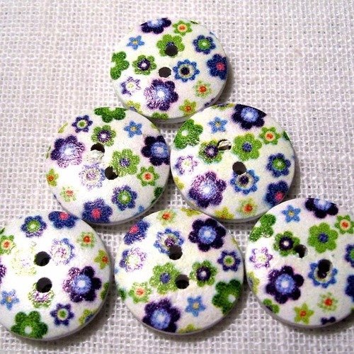 Réf 18/103 ** 18 mm **  bouton rond bois vernis décoré - fleurs bleu vert - couture tricot