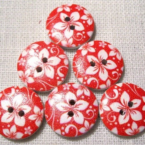 Réf 18/102 ** 18 mm **  bouton rond bois vernis décoré - fleurs blanc rouge - couture tricot
