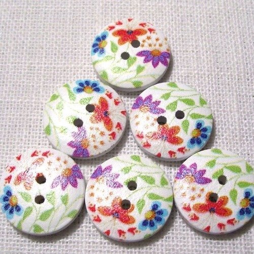 Réf 18/101 ** 18 mm **  bouton rond bois vernis décoré - fleurs multicolores - couture tricot