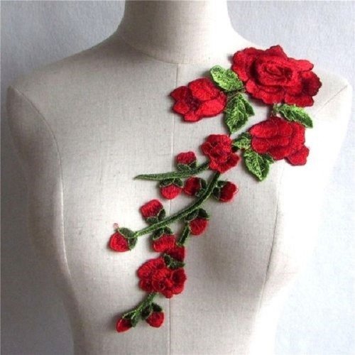 Grande applique fleur 3d brodée - rouge ** 13 x 30 cm ** fleur rose et feuille - acd46 