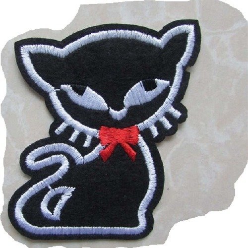 Applique patch écusson thermocollant ** 5 x 7,5 cm ** chat noir blanc noeud rouge - applique à repasser