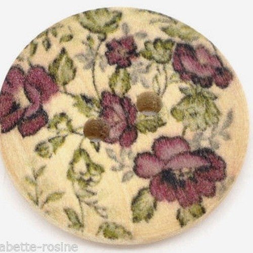 Réf 23/001 ** 23 mm **  bouton rond bois vernis décoré - fleurs - couture tricot