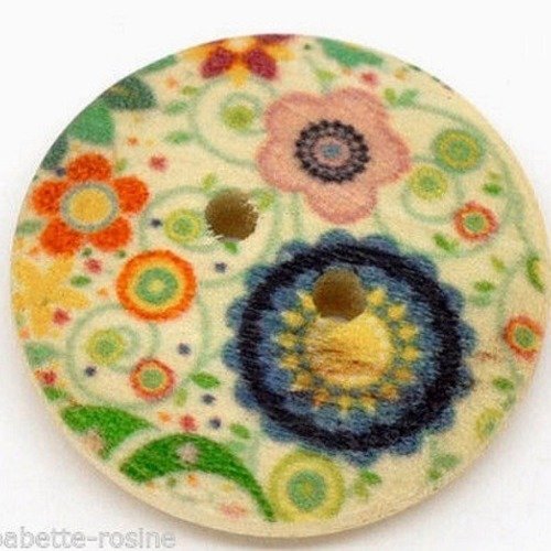 Réf 23/003 ** 23 mm **  bouton rond bois vernis décoré - fleurs - couture tricot