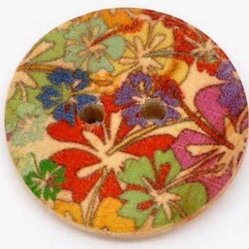 Réf 23/004 ** 23 mm **  bouton rond bois vernis décoré - fleurs - couture tricot