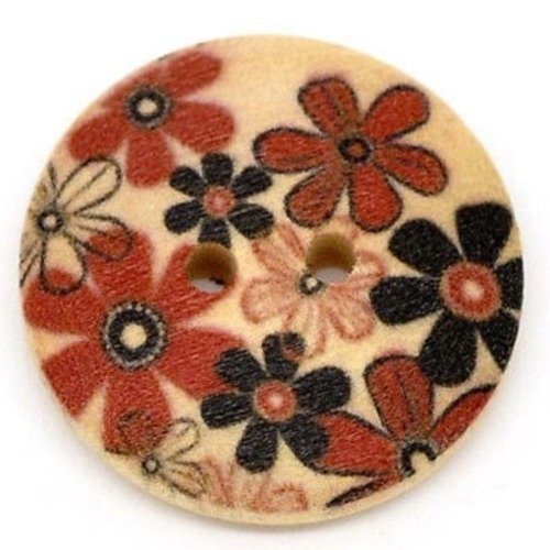 Réf 23/005 ** 23 mm **  bouton rond bois vernis décoré - fleurs - couture tricot
