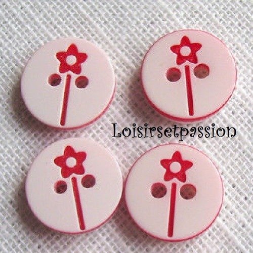 B09 / blanc rouge ** 12 mm **  bouton rond 2 trous - tige fleur - vendu à l'unité -  couture layette bébé scrapbooking