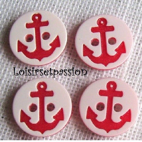 B09 / blanc rouge ** 12 mm **  bouton rond 2 trous - ancre marine - vendu à l'unité -  couture layette bébé scrapbooking