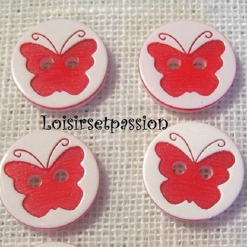 B09 / blanc rouge ** 12 mm **  bouton rond 2 trous - papillon - vendu à l'unité -  couture layette bébé scrapbooking
