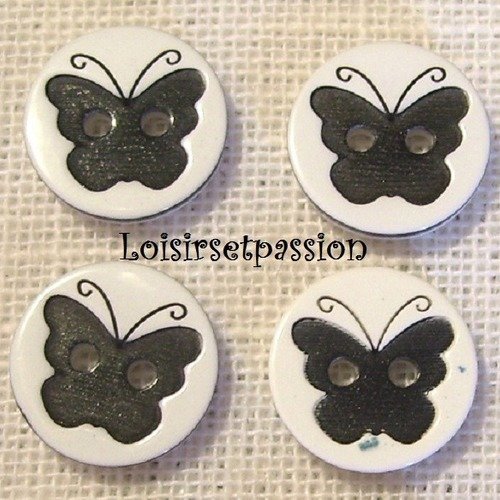 B09 / blanc noir ** 12 mm **  bouton rond 2 trous - papillon - vendu à l'unité -  couture layette bébé scrapbooking