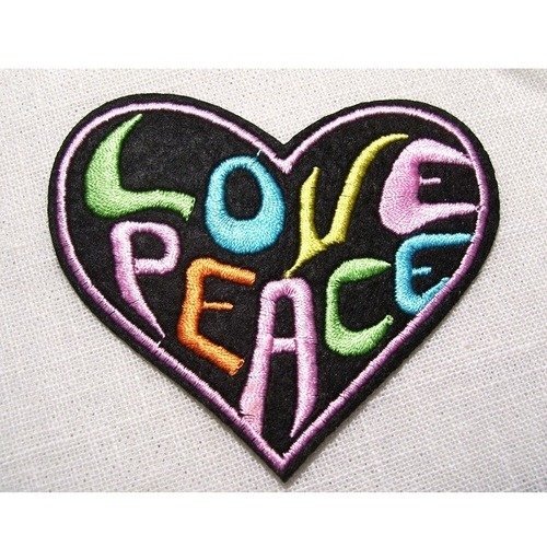 Patch écusson thermocollant ** 7,5 x 6,5 cm ** coeur love peace amour - applique à repasser