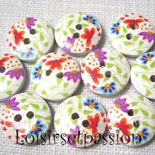 Réf 15/101 ** 15 mm **  bouton rond bois vernis décoré - fleurs multicolores - couture tricot