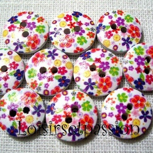 Réf 15/104 ** 15 mm **  bouton rond bois vernis décoré - tapis de fleurs multicolore - couture tricot