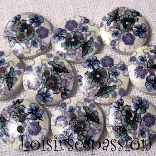 Réf 15/105 ** 15 mm **  bouton rond bois vernis décoré - fleur pensée bleue - couture tricot