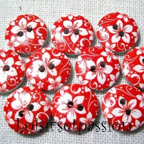 Réf 15/106 ** 15 mm **  bouton rond bois vernis décoré - fleur blanche fond rouge - couture tricot