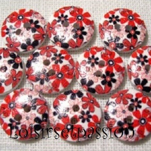 Réf 15/108 ** 15 mm **  bouton rond bois vernis décoré - fleurs ton rouge - couture tricot