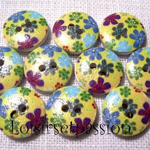 Réf 15/110 ** 15 mm **  bouton rond bois vernis décoré - fleurs des champs - couture tricot