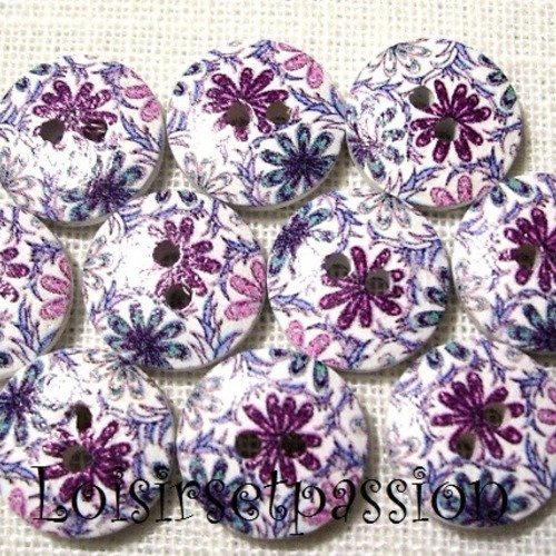 Réf 15/111 ** 15 mm **  bouton rond bois vernis décoré - fleur bleue mauve - couture tricot