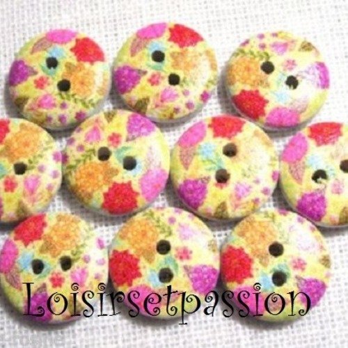 Réf 15/124 ** 15 mm **  bouton rond bois vernis décoré - fleurs multicolores - couture tricot