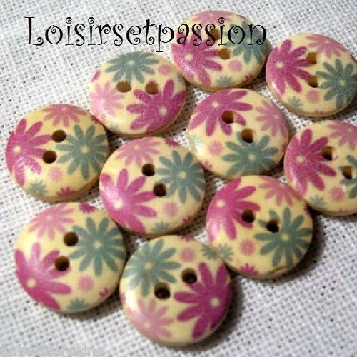 Réf 15/002 ** 15 mm **  bouton rond bois vernis décoré - fleurs rose bleu - couture tricot