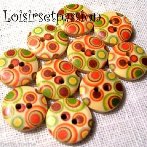 Réf 15/004 ** 15 mm **  bouton rond bois vernis décoré - ronds cercles colorés - couture tricot