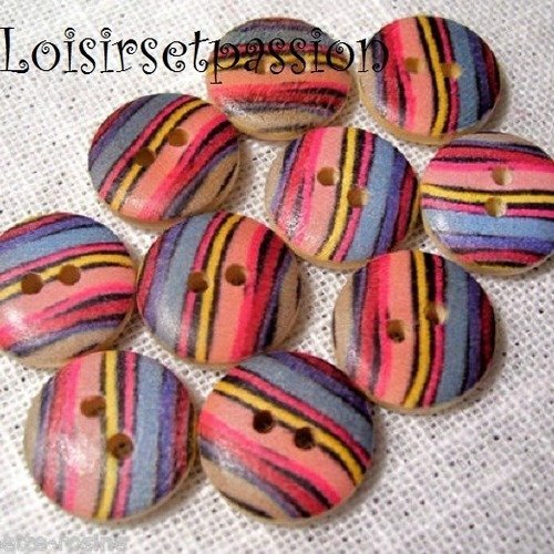 Réf 15/007 ** 15 mm **  bouton rond bois vernis décoré - rayures multicolores - couture tricot