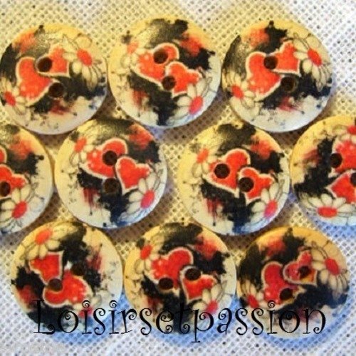 Réf 15/014 ** 15 mm **  bouton rond bois vernis décoré - coeur rouge marguerite - couture tricot