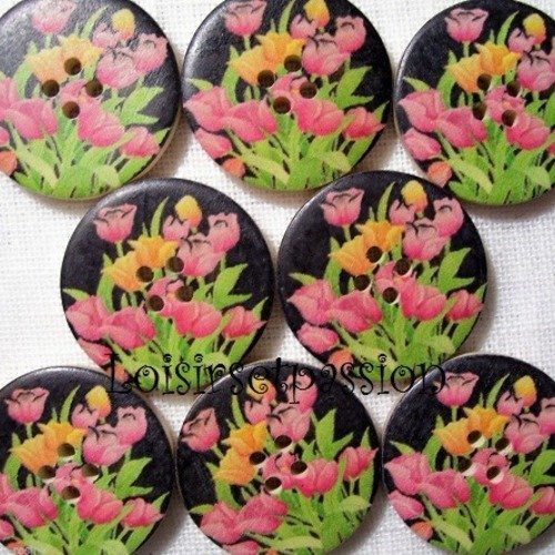 30/004 ** 3 cm / 30 mm **  bouton rond bois vernis décoré - fleurs tulipe - couture mode vintage